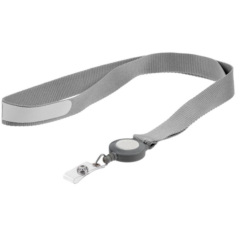 Лента для бейджа с ретрактором Devon, серая с белым Лента для бейджа с ретрактором Devon, серая с белым