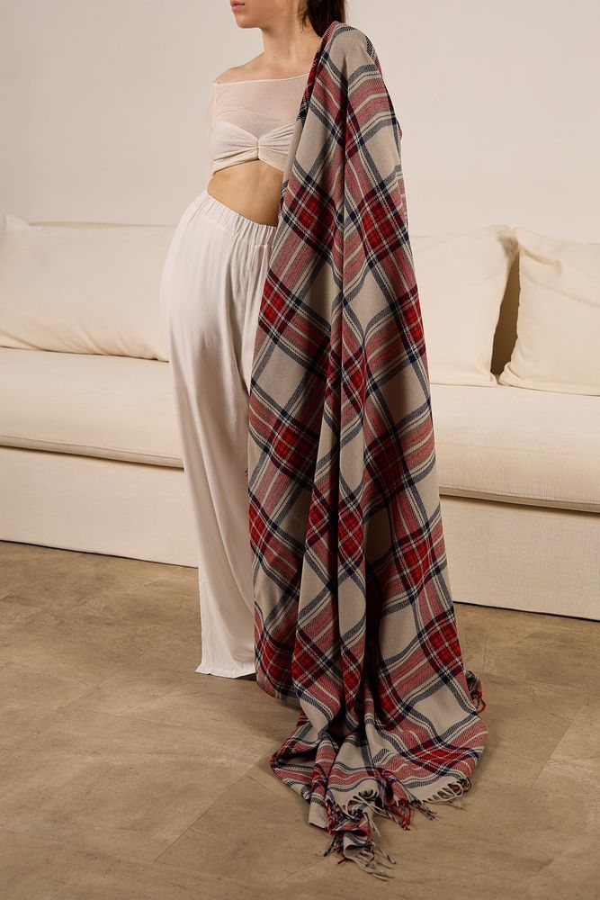 Плед «Валдай», бежевый с красным и синим